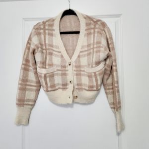 Plaid fuzzy knit crop cardigan